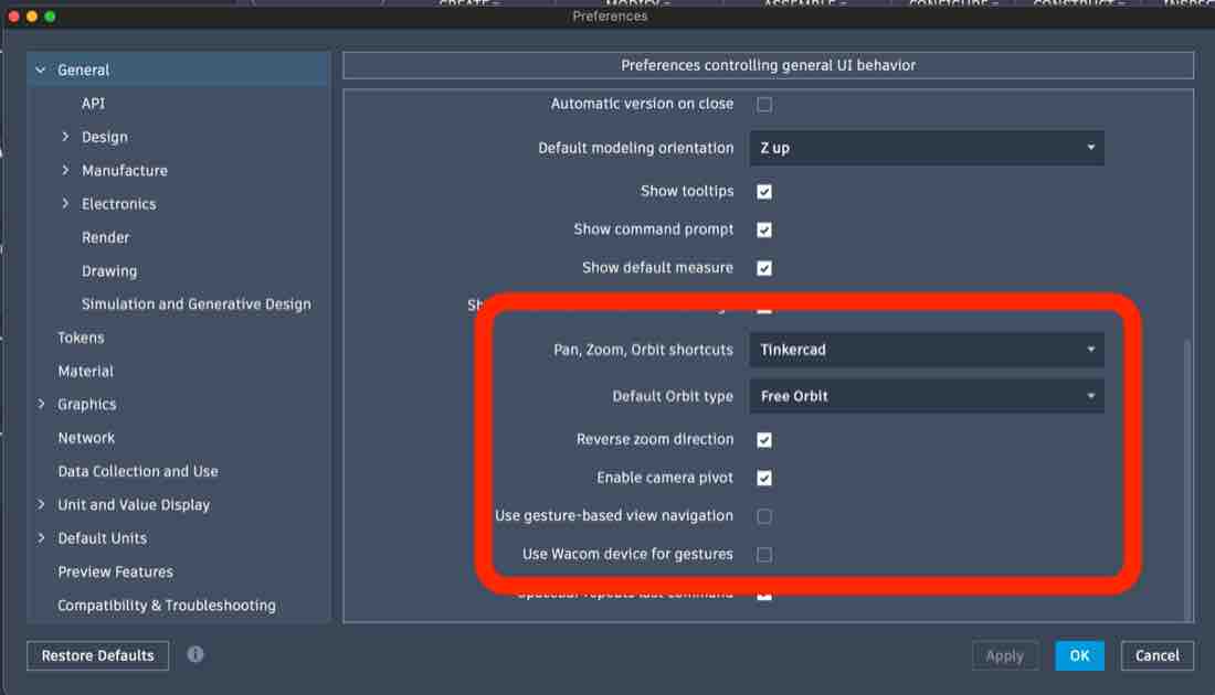 Fusion 360 Preferences, General tab, with the navigation settings boxed in red: Pan, Zoom, Orbit shortcuts set to Tinkercad; Reverse zoom direction checked; Use gesture-based view navigation unchecked.